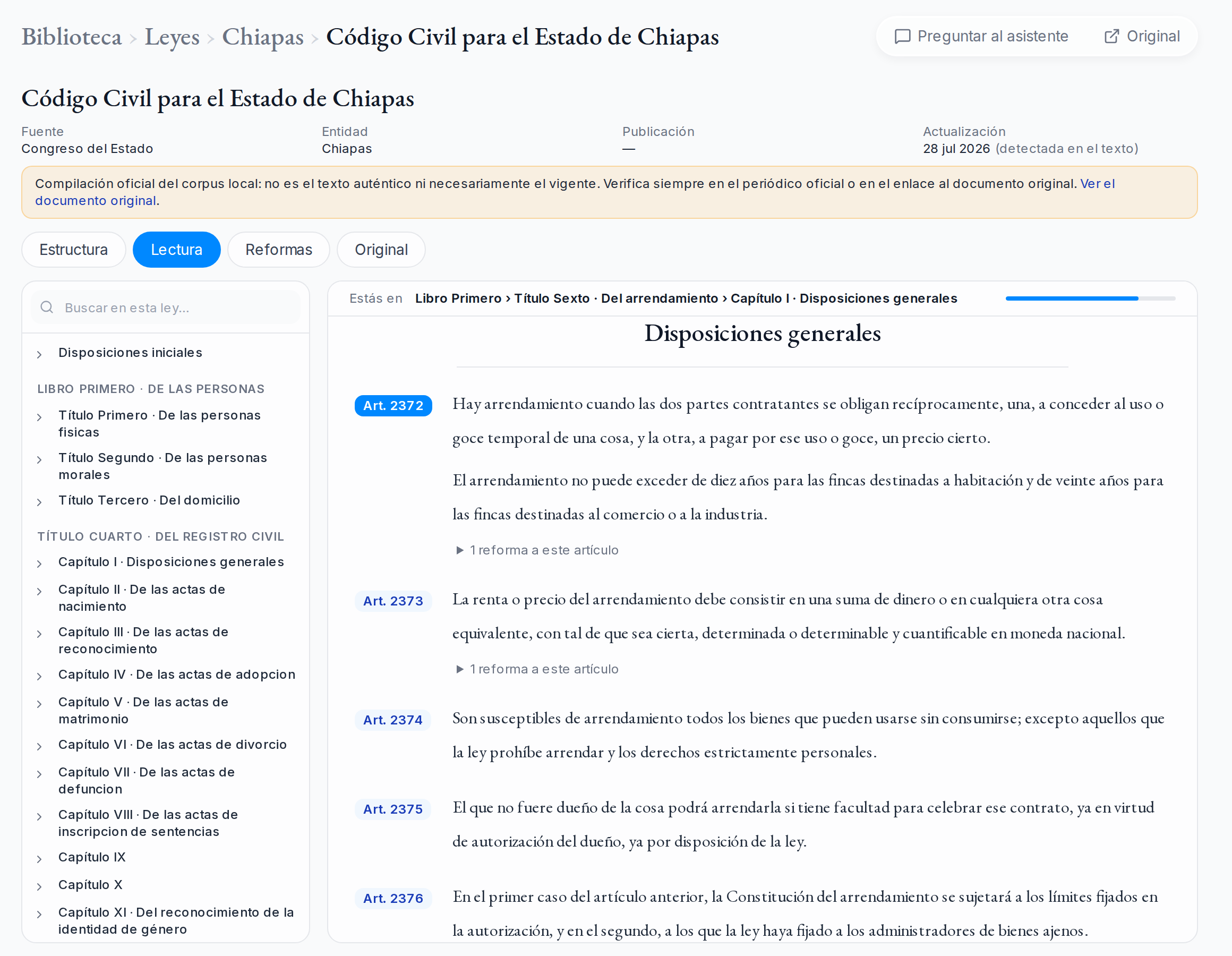 Lectura continua del Código Civil para el Estado de Chiapas.